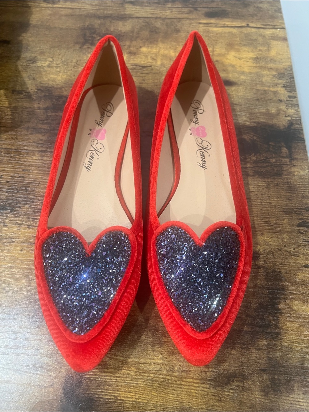 Penny Loves Kenny Red Pointed Flats with Glitter Heart Appliqués
